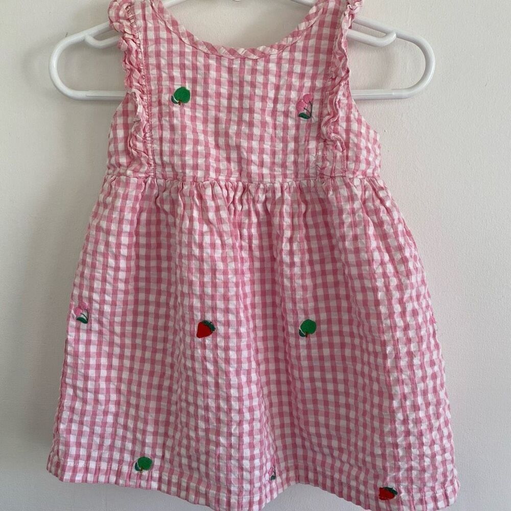 Baby Boden Pink Gingham Fruits Embroidered Dress